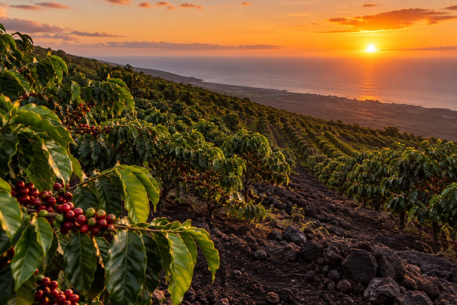 A Kona coffee belt hillside at sunset, illustrative