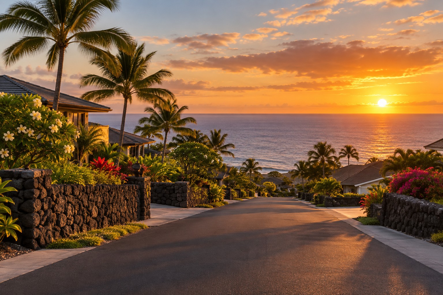 A Kailua-Kona Hawaii coastal residential street at golden hour, illustrative