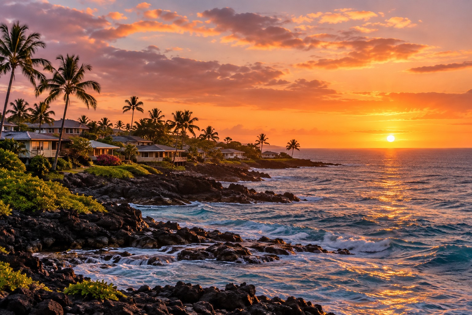 A Big Island of Hawaii coastal community at sunset, illustrative
