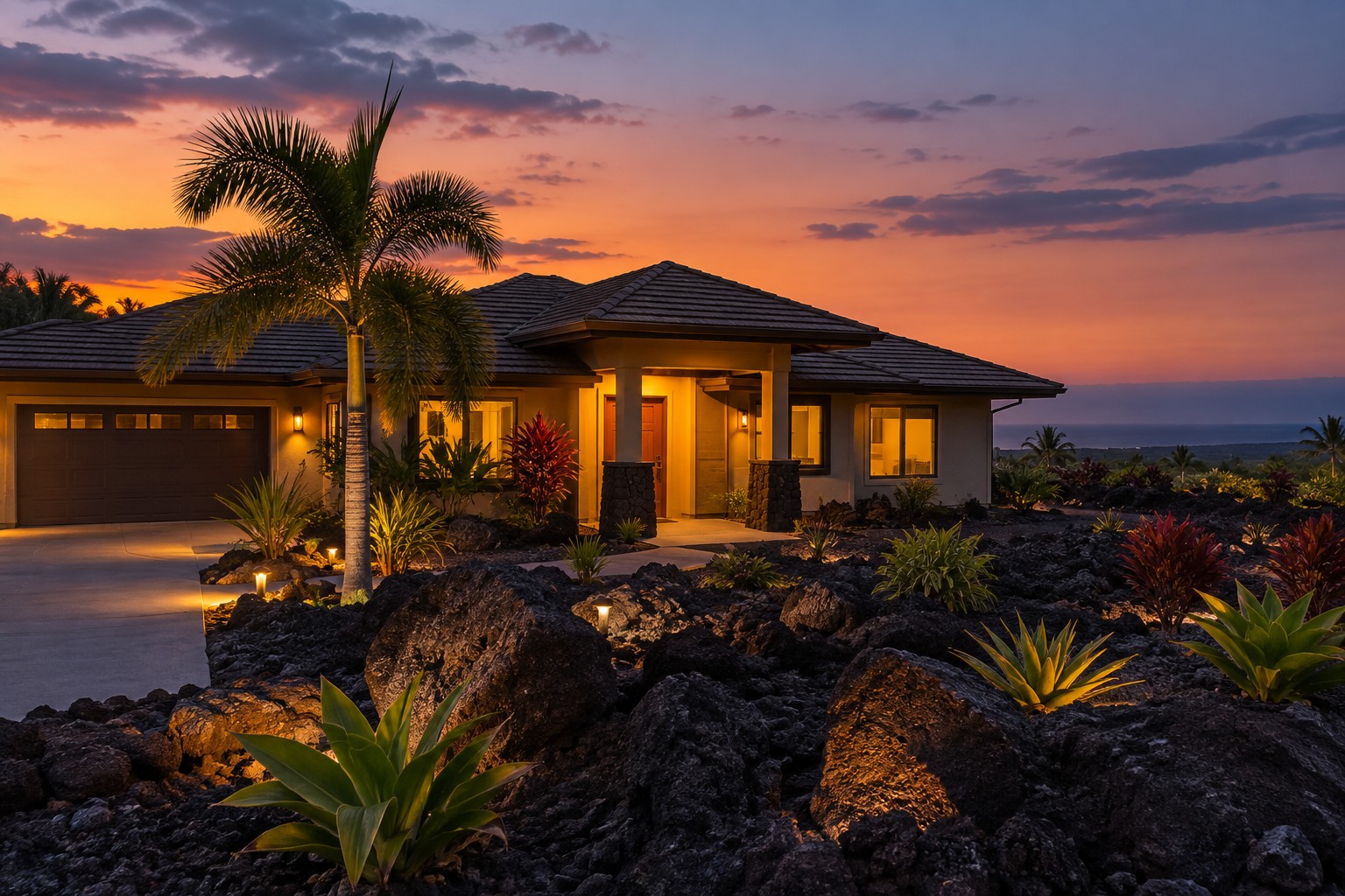 A Big Island of Hawaii home exterior at dusk, illustrative