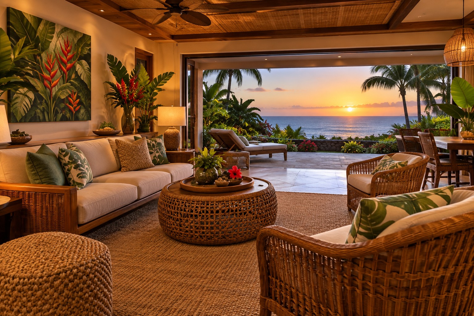 A cozy Big Island of Hawaii living room, illustrative